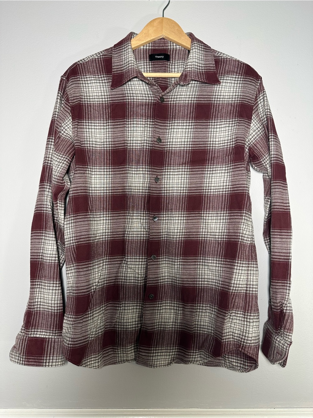 Theory Men’s Maroon & White Noll Plaid Luxe Flannel Check Shirt Large